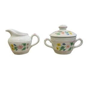 Herend Village Pottery Hungary Floral Trellis Creamer & Sugar Bowls Hand Painted